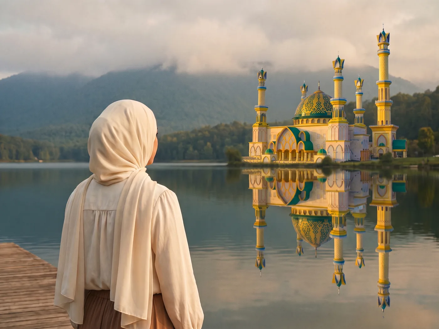 Frau mit cremefarbenem Hijab blickt über einen See auf eine Moschee