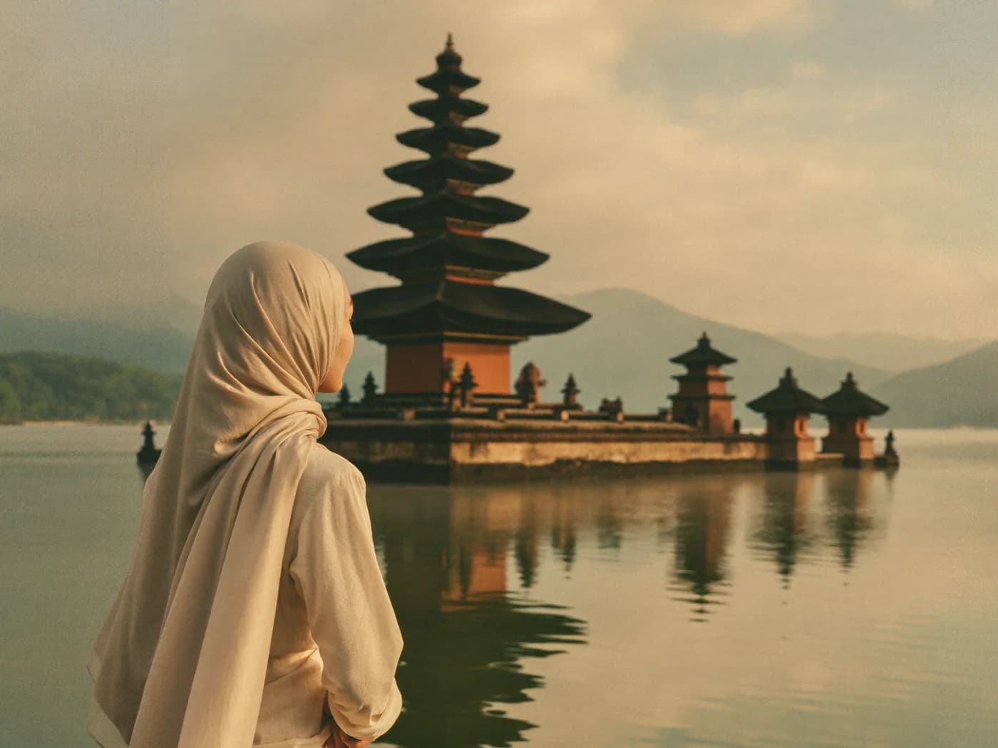 Blick auf einen Tempel an einem See in Indonesien